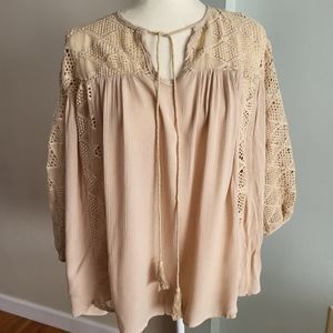 Kyemi Boho Lace Crochet Flowy‎ Shirt Blouse Beige Cream Size Small